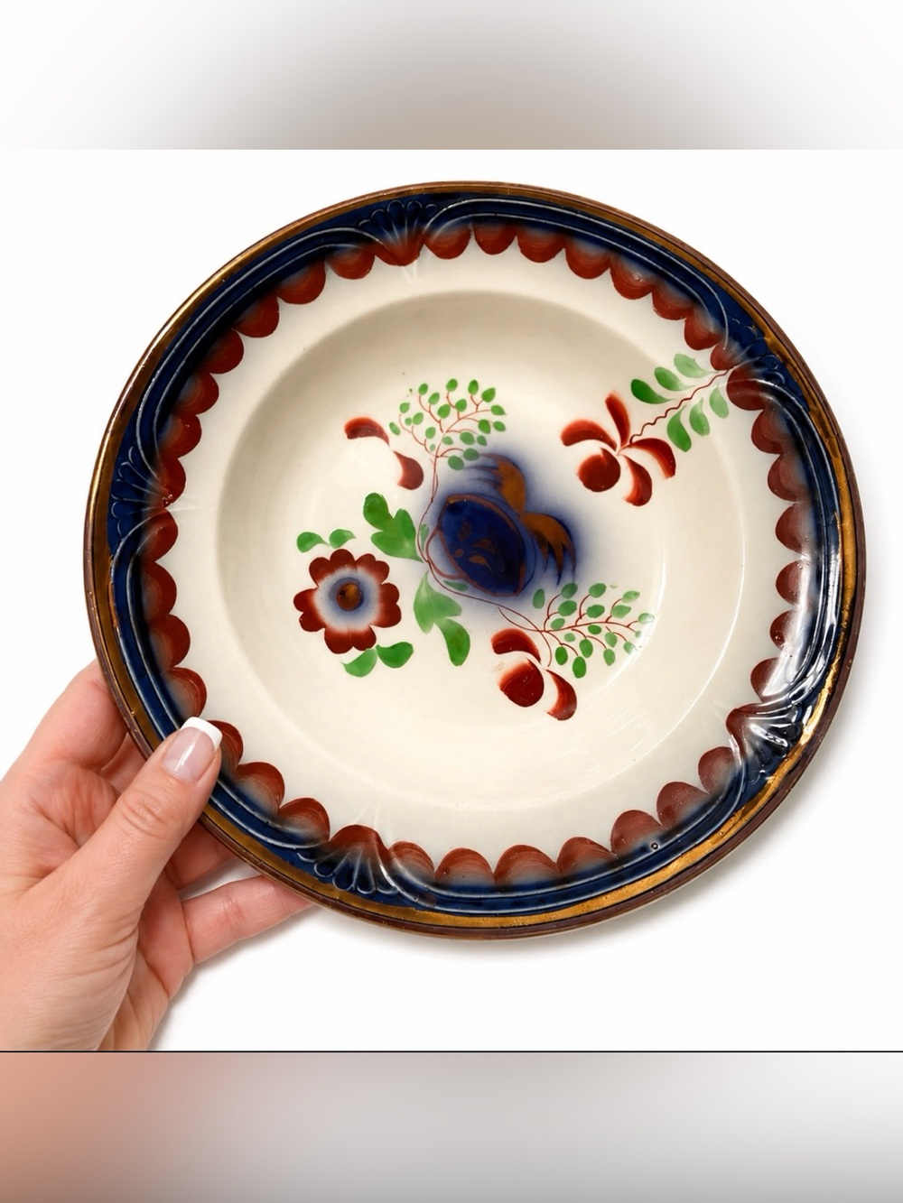 Gorgeous Gaudy Dutch Antique Flow Blue Ironstone Seeing Eye 9.25” Bowl c. 1850